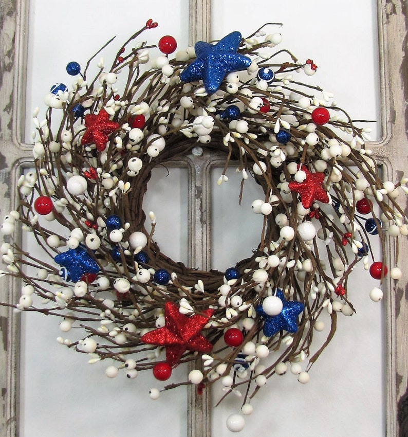 SMALL Patriotic Wreath/Candle Ring Americana Flag Wreaths Red White and Blue Stars and Berries, Versatile Decor for Door or Cabinet image 1