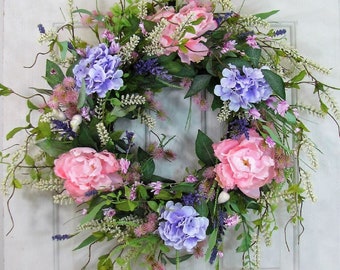 READY TO SHIP - Spring Floral Wreath - Country Cottage Wreaths for Door - French Cottage Home Decor - Shabby Chic - Hydrangea & Peony Decor