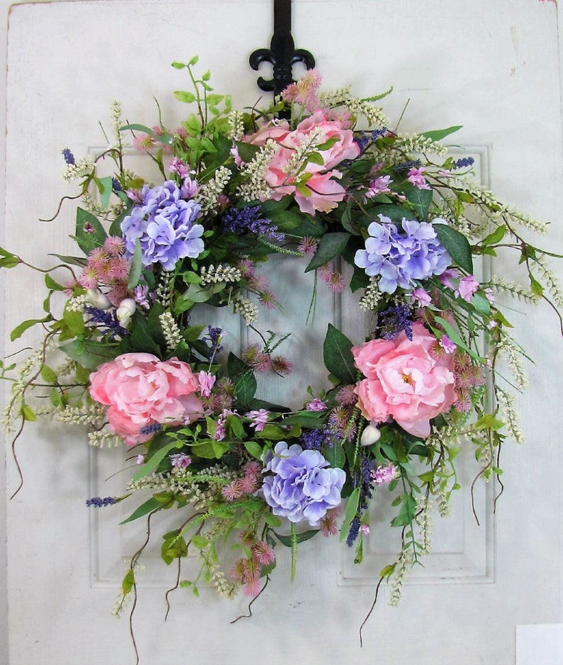 READY TO SHIP Spring Floral Wreath Country Cottage Wreaths for Door French Cottage Home Decor Shabby Chic Hydrangea & Peony Decor image 1