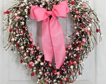 Heart Wreath for Your Home - Red & Pink Heart Berry Wreath - Pip Berry Wreath - Red Wreath - Mother's Day Gift for - Front Door Decor