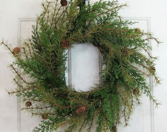 Artificial Cedar Pine Wreath - Evergreen Everyday Home Decor - Rustic Minimalist Door Accent - Indoor Outdoor Wreath - Year Round Pine