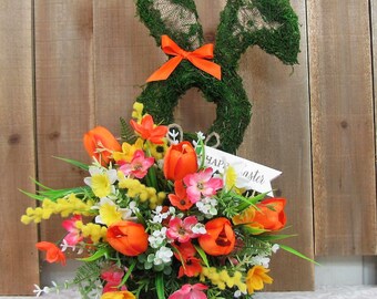 Spring and Easter Bunny Floral Arrangement - Easter Home Decor - Easter Decor for Table - Bunny Centerpiece - Tulip Floral Arrangement