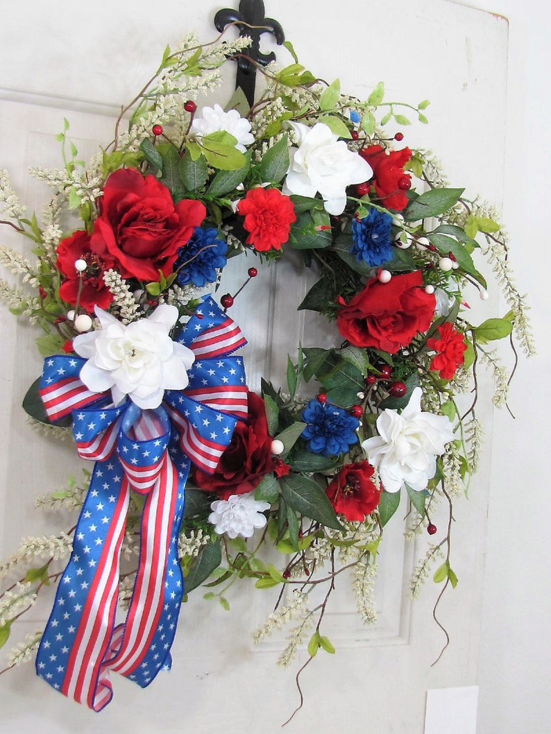 Flag Wreath Patriotic Floral Grapevine Wreath July 4th Wreath July Fourth Americana Floral Wreath Memorial Day Patriotic Home Decor image 3