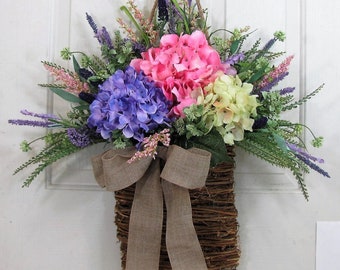 Hydrangea Basket Wreath for Your Front Door or Home - Wreath Basket for Door - Every Day Outdoor Decor - Spring Porch Decor - Designawreath