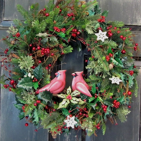 Cardinal Pine Wreath - Berry Primitive Wreath - Pine Wreath - Holiday Home Decor - Winter Wreaths - Christmas Wreath- Christmas Gift