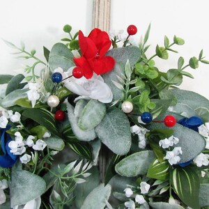 SMALL Patriotic Floral Wreath Red White Blue Decor Lambs Ear & Eucalyptus Americana Wreath for Kitchen Cabinet or Tablescape image 10