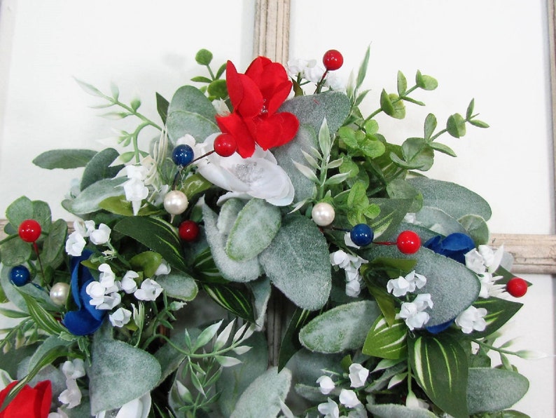 SMALL Patriotic Floral Wreath Red White Blue Decor Lambs Ear & Eucalyptus Americana Wreath for Kitchen Cabinet or Tablescape image 10