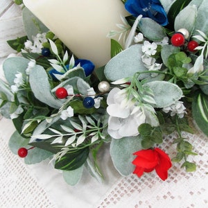 SMALL Patriotic Floral Wreath Red White Blue Decor Lambs Ear & Eucalyptus Americana Wreath for Kitchen Cabinet or Tablescape image 6