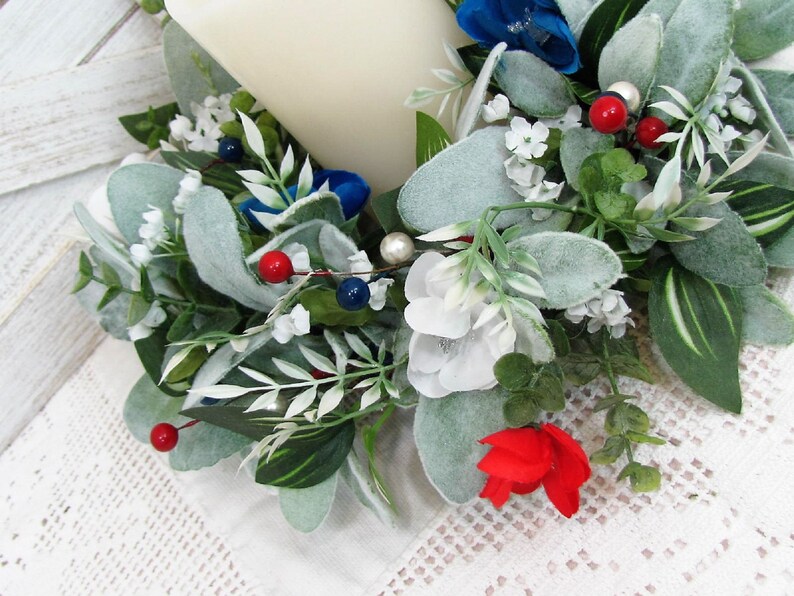 SMALL Patriotic Floral Wreath Red White Blue Decor Lambs Ear & Eucalyptus Americana Wreath for Kitchen Cabinet or Tablescape image 6