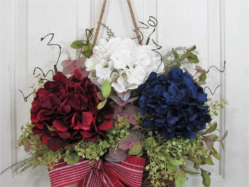 Patriotic Hydrangea Basket Wreath for Your Front Door or Home Wreath Basket for Door Every Day Outdoor Porch Decor Designawreath image 4