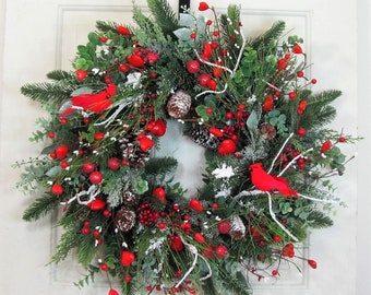 Winter Pine & Cardinal Wreath for your Door - Winter Eucalyptus Wreath with Red Berries - Red Berry Wreaths Home