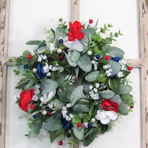 SMALL Patriotic Floral and Lambs Ear Wreath Americana Candle Ring Wreath Mirror Wreath Wreath for Kitchen Cabinet Designawreath image 8