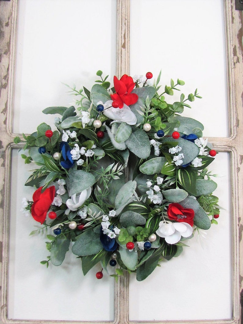 SMALL Patriotic Floral Wreath Red White Blue Decor Lambs Ear & Eucalyptus Americana Wreath for Kitchen Cabinet or Tablescape image 8