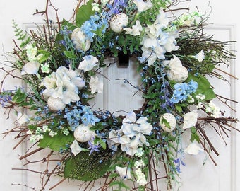 Spring Wreath - Spring Egg & Pip Berry Wreath - Spring Wreath Front Door - Primitive Wreaths - Home Decor - Farmhouse Decor - Blue Wreath