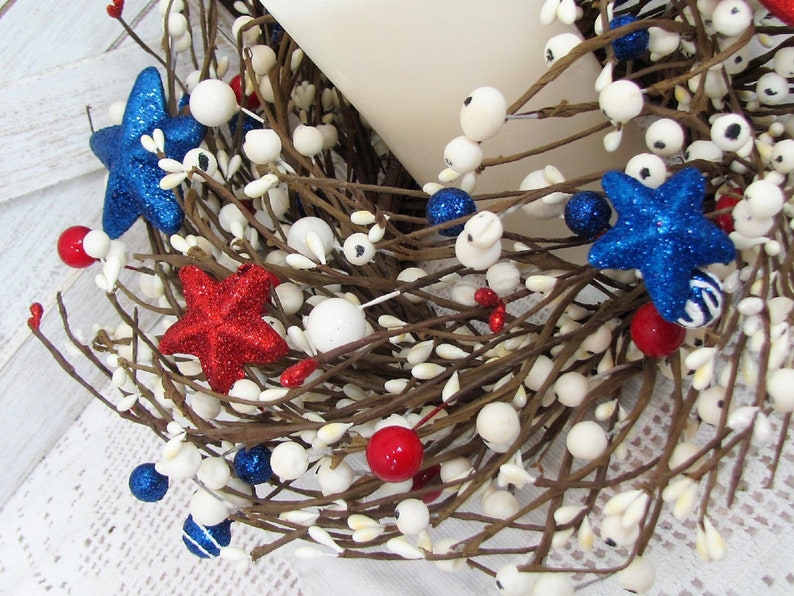 SMALL Patriotic Wreath/Candle Ring Americana Flag Wreaths Red White and Blue Stars and Berries, Versatile Decor for Door or Cabinet image 8