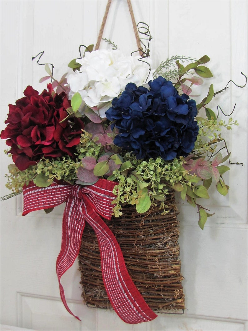 Patriotic Hydrangea Basket Wreath for Your Front Door or Home Wreath Basket for Door Every Day Outdoor Porch Decor Designawreath image 5