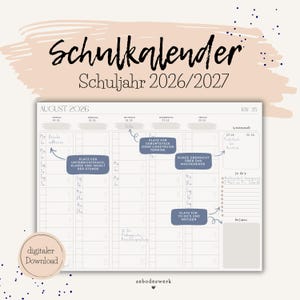 Könnte beinhalten: Ein Schulkalender für das Schuljahr 2026/2027 mit einer Wochenplaner-Übersicht für August 2026. Das Raster enthält Spalten von Montag bis Freitag, einen Wochenendbereich, eine To-Do-Liste und ein Notizfeld mit blauen Erklärungen zum Layout.