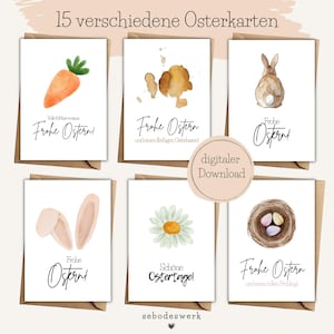 Könnte beinhalten: Eine Sammlung von 15 Osterkarten mit Aquarellillustrationen. Designs beinhalten eine Karotte, ein Kaninchen, eine Gänseblume und Ostereier in einem Nest. Jede Karte hat deutschen Text, einschließlich "Frohe Ostern" und "Schöne Ostertage!"