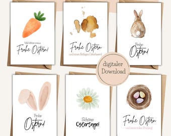 15 biglietti di Pasqua digitali in stile acquerello – Set di biglietti di Pasqua stampabili – Coniglietti, pulcini e nidi pasquali – Biglietti di auguri fai da te – Download immediato