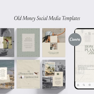 Peut inclure: Une collection de mod&egrave;les num&eacute;riques pour r&eacute;seaux sociaux avec une palette de couleurs neutres beige, vert sauge et cr&egrave;me. Les designs incluent une typographie serif, des cadres photo superpos&eacute;s et des textures. Un smartphone affiche un mod&egrave;le.