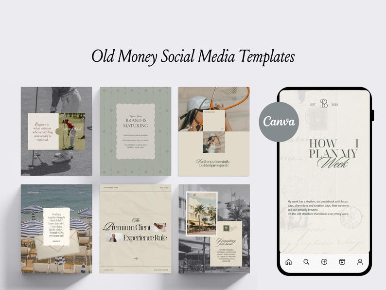 Peut inclure: Une collection de mod&egrave;les num&eacute;riques pour r&eacute;seaux sociaux avec une palette de couleurs neutres beige, vert sauge et cr&egrave;me. Les designs incluent une typographie serif, des cadres photo superpos&eacute;s et des textures. Un smartphone affiche un mod&egrave;le.
