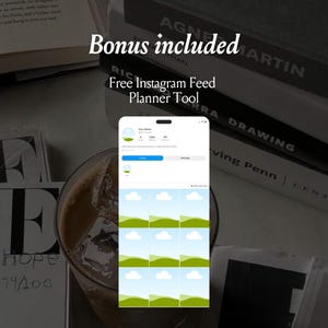 Op de afbeelding: Een digitale grafische weergave van een Instagram feed planner tool met een witte interface, een profielkop en een raster van negen vierkante tijdelijke aanduidingen met een groen landschap en witte wolken. De tekst luidt Bonus included Free Instagram Feed Planner Tool.