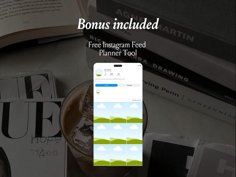Op de afbeelding: Een digitale grafische weergave van een Instagram feed planner tool met een witte interface, een profielkop en een raster van negen vierkante tijdelijke aanduidingen met een groen landschap en witte wolken. De tekst luidt Bonus included Free Instagram Feed Planner Tool.