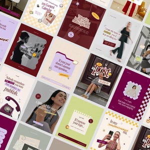 Może przedstawiać: Kolekcja szablonów postów do mediów społecznościowych z różnymi układami, paletami kolorów i typografią. Projekty zawierają elementy graficzne, takie jak wzory w szachownicę, dymki i ikony, z nakładkami tekstowymi, takimi jak 'my Content Calendar' i 'The simple post performed better'.