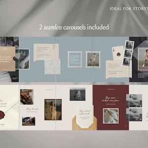 Peut inclure: Un ensemble de mod&egrave;les de carrousel pour r&eacute;seaux sociaux num&eacute;riques comprenant deux mises en page fluides avec une esth&eacute;tique de collage. Le design inclut des espaces pour photos, des textures de papier d&eacute;chir&eacute;, des bordures de timbres et du texte.