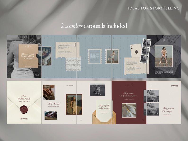 Peut inclure: Un ensemble de mod&egrave;les de carrousel pour r&eacute;seaux sociaux num&eacute;riques comprenant deux mises en page fluides avec une esth&eacute;tique de collage. Le design inclut des espaces pour photos, des textures de papier d&eacute;chir&eacute;, des bordures de timbres et du texte.