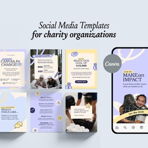 Op de afbeelding: Een verzameling social media sjablonen voor goede doelen, inclusief een smartphone met een Canva-ontwerp. De sjablonen hebben lichtpaarse en gele achtergronden met tekst, iconen en foto's van vrijwilligers.
