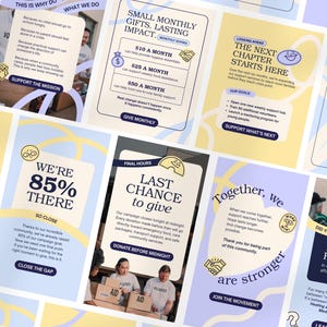 Op de afbeelding: Een verzameling digitale social media graphics met een lichtblauw en geel kleurenpalet en donkerblauwe tekst. De ontwerpen bevatten diverse campagne-updates, oproepen tot donaties en statistieken over de maatschappelijke impact.
