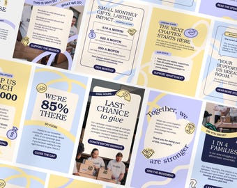 Op de afbeelding: Een verzameling digitale social media graphics met een lichtblauw en geel kleurenpalet en donkerblauwe tekst. De ontwerpen bevatten diverse campagne-updates, oproepen tot donaties en statistieken over de maatschappelijke impact.