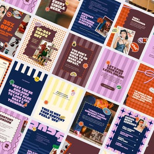 Pode incluir: Uma coleção de modelos de mídia social coloridos com vários designs e texto. Os modelos apresentam texto como "35% OFF SOCIAL RESES AUDITS", "60-DAY SNAPS HOT" e "WHAT YOU'RE BUILDING DOESN'T HAVE TO LOOK LIKE WHAT'S TRENDING."
