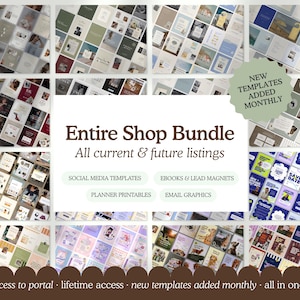 Op de afbeelding: Een digitaal productpakket met een raster van diverse social media templates, e-books, lead magnets en printbare planners. De centrale tekst luidt Entire Shop Bundle, All current & future listings.