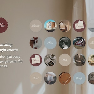 Peut inclure: Un ensemble de 20 couvertures de surbrillance circulaires pour r&eacute;seaux sociaux, pr&eacute;sentant un m&eacute;lange de couleurs neutres unies et d'images photographiques. Le texte inclut des &eacute;tiquettes comme Lifestyle, Home, Pictures, Family, Decor, Work, Travel et Thoughts.
