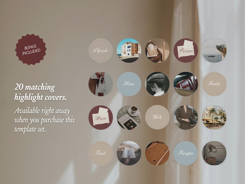 Peut inclure: Un ensemble de 20 couvertures de surbrillance circulaires pour r&eacute;seaux sociaux, pr&eacute;sentant un m&eacute;lange de couleurs neutres unies et d'images photographiques. Le texte inclut des &eacute;tiquettes comme Lifestyle, Home, Pictures, Family, Decor, Work, Travel et Thoughts.