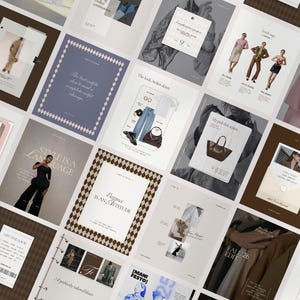 Może przedstawiać: Kolekcja cyfrowych stron lookbooka modowego z różnymi układami, typografią i obrazami. Projekty zawierają tekst, taki jak The Packing Edit, Style is a Language, Elegance is an Attitude oraz Fall '26 Edit, prezentujące różne elementy odzieży.