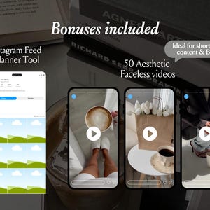 Peut inclure: Un affichage de ressources marketing num&eacute;rique pr&eacute;sentant une interface d'outil de planification de flux Instagram &agrave; gauche et trois &eacute;crans de t&eacute;l&eacute;phone mobile &agrave; droite montrant du contenu vid&eacute;o esth&eacute;tique sans visage. Les textes incluent Bonuses included, Instagram Feed Planner Tool et 50 Aesthetic Faceless videos.