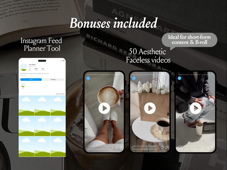 Peut inclure: Un affichage de ressources marketing num&eacute;rique pr&eacute;sentant une interface d'outil de planification de flux Instagram &agrave; gauche et trois &eacute;crans de t&eacute;l&eacute;phone mobile &agrave; droite montrant du contenu vid&eacute;o esth&eacute;tique sans visage. Les textes incluent Bonuses included, Instagram Feed Planner Tool et 50 Aesthetic Faceless videos.