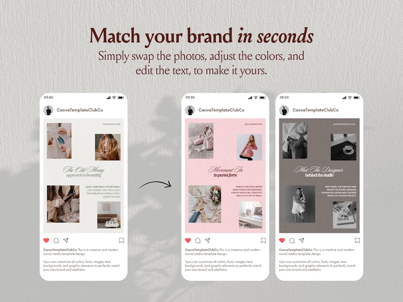 Peut inclure: Trois &eacute;crans de smartphone affichant des mod&egrave;les de publications pour r&eacute;seaux sociaux avec le texte Match your brand in seconds. Simply swap the photos, adjust the colors, and edit the text, to make it yours. Chaque mod&egrave;le pr&eacute;sente des grilles.