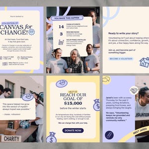 Op de afbeelding: Een raster van zes social media-afbeeldingen met tekst en fotografie over een vrijwilligersinitiatief in de gemeenschap. De panelen bevatten evenementdetails voor Canvas for Change, impactstatistieken, getuigenissen van vrijwilligers en een oproep tot donaties.