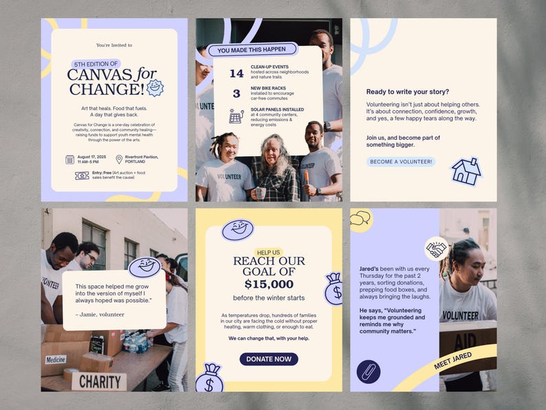Op de afbeelding: Een raster van zes social media-afbeeldingen met tekst en fotografie over een vrijwilligersinitiatief in de gemeenschap. De panelen bevatten evenementdetails voor Canvas for Change, impactstatistieken, getuigenissen van vrijwilligers en een oproep tot donaties.