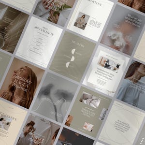 Könnte beinhalten: Eine Sammlung digitaler Marketingmaterialien mit einer neutralen Farbpalette. Die Materialien enthalten Text und Bilder mit Sätzen wie "Sensibilität ist keine Schwäche" und "Abwesend". Das Gesamtthema scheint sich auf Wellness und Selbstpflege zu beziehen.