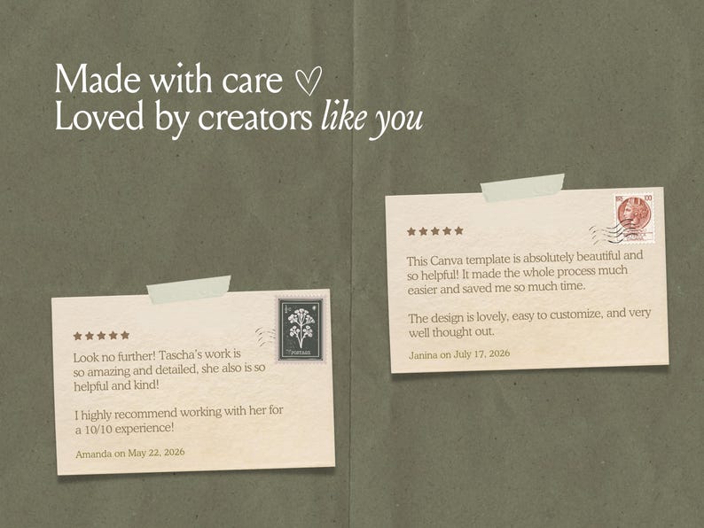 Op de afbeelding: Twee rechthoekige kaarten met vijfsterrenrecensies bevestigd op een donker olijfgroene achtergrond. De tekst luidt: Made with care, Loved by creators like you. De kaarten bevatten postzegels, poststempels en klantbeoordelingen van Amanda en Janina.