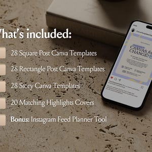 Op de afbeelding: Een digitaal productpakket met 28 vierkante Canva-sjablonen, 28 rechthoekige Canva-sjablonen, 28 Canva-story-sjablonen, 20 bijpassende highlight-covers en een bonus Instagram-feedplanner-tool, weergegeven op een smartphonescherm.