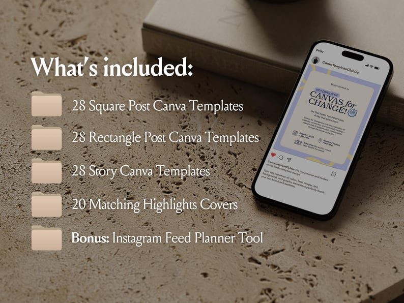 Op de afbeelding: Een digitaal productpakket met 28 vierkante Canva-sjablonen, 28 rechthoekige Canva-sjablonen, 28 Canva-story-sjablonen, 20 bijpassende highlight-covers en een bonus Instagram-feedplanner-tool, weergegeven op een smartphonescherm.