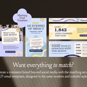 Op de afbeelding: Een set van 25 digitale e-mailtemplates met een lichtblauw en geel kleurenpalet met speelse ster- en zongraphics. De templates bevatten tekst zoals An Evening of Impact, 1,842 Lives Changed This Year en Where Your Donation Went This Month, ontworpen voor een consistente uitstraling.