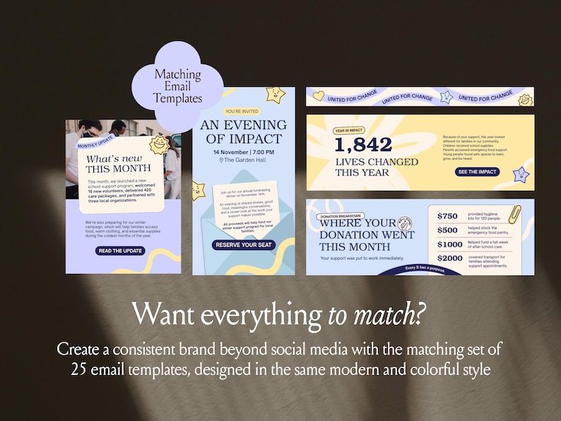 Op de afbeelding: Een set van 25 digitale e-mailtemplates met een lichtblauw en geel kleurenpalet met speelse ster- en zongraphics. De templates bevatten tekst zoals An Evening of Impact, 1,842 Lives Changed This Year en Where Your Donation Went This Month, ontworpen voor een consistente uitstraling.