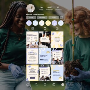 Op de afbeelding: Een digitale interface toont een social media profiel voor Aesthetic Canva Templates met 30 berichten en 5000 volgers. Het raster bevat negen grafische ontwerpsjablonen in zachte pasteltinten, inclusief tekst over mentale gezondheid.